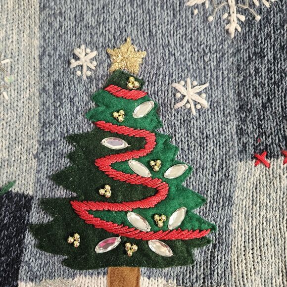 Vtg Christmas Cardigan Festive Knit Sweater Sz L Embroider Patchwork Cottagecore - Picture 13 of 16